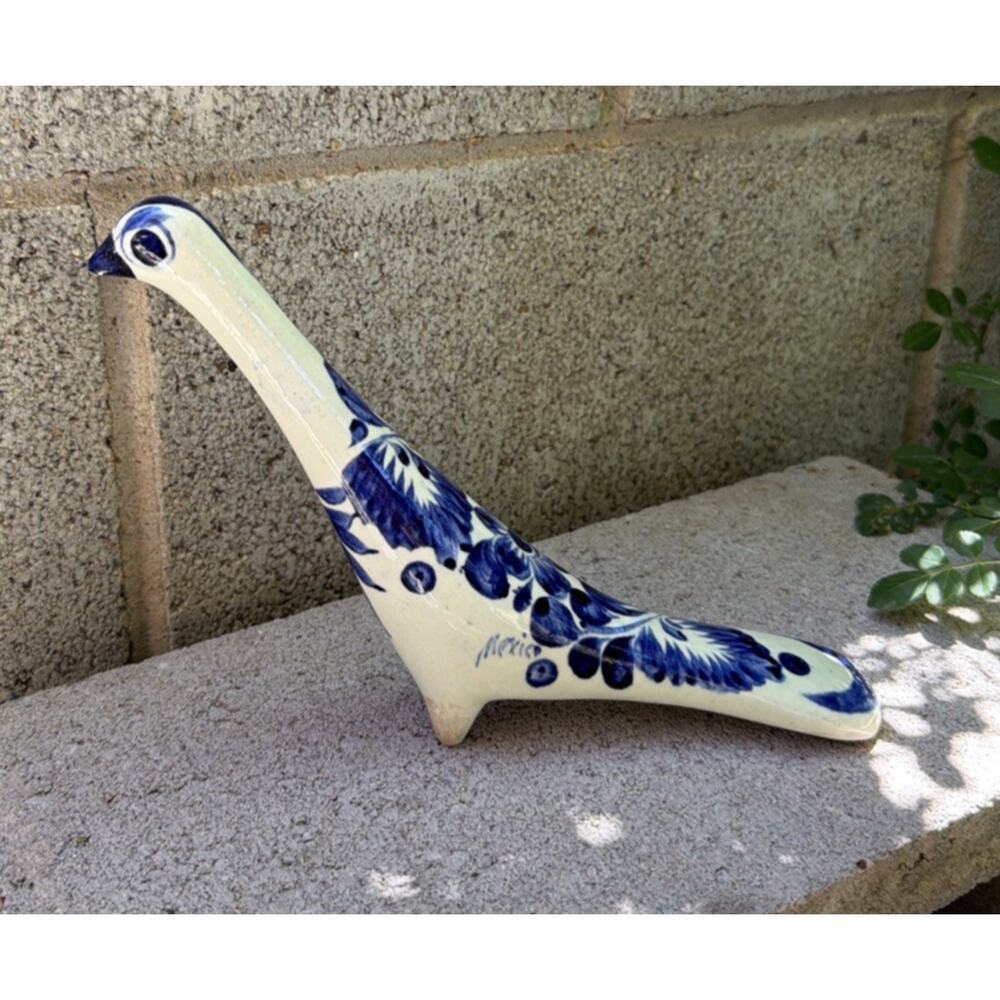 Mexican Folk Art Roadrunner Figurine Vintage Hand Painted Pottery Signed Mexico